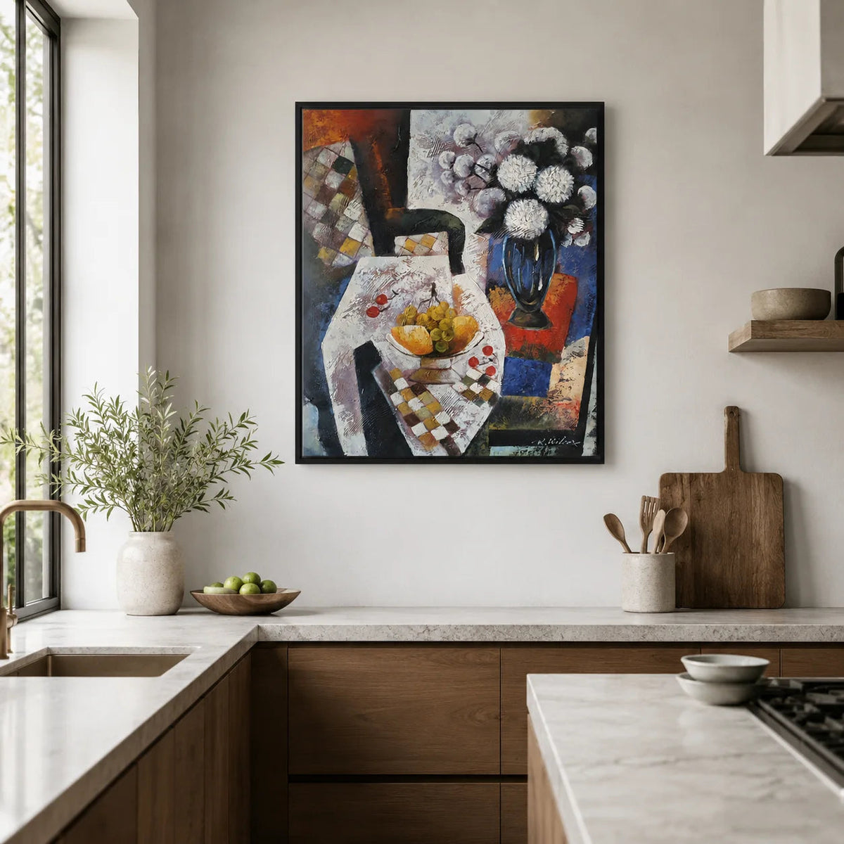Cuadro bodegón óleo 50×60 cm en cocina moderna con marco negro