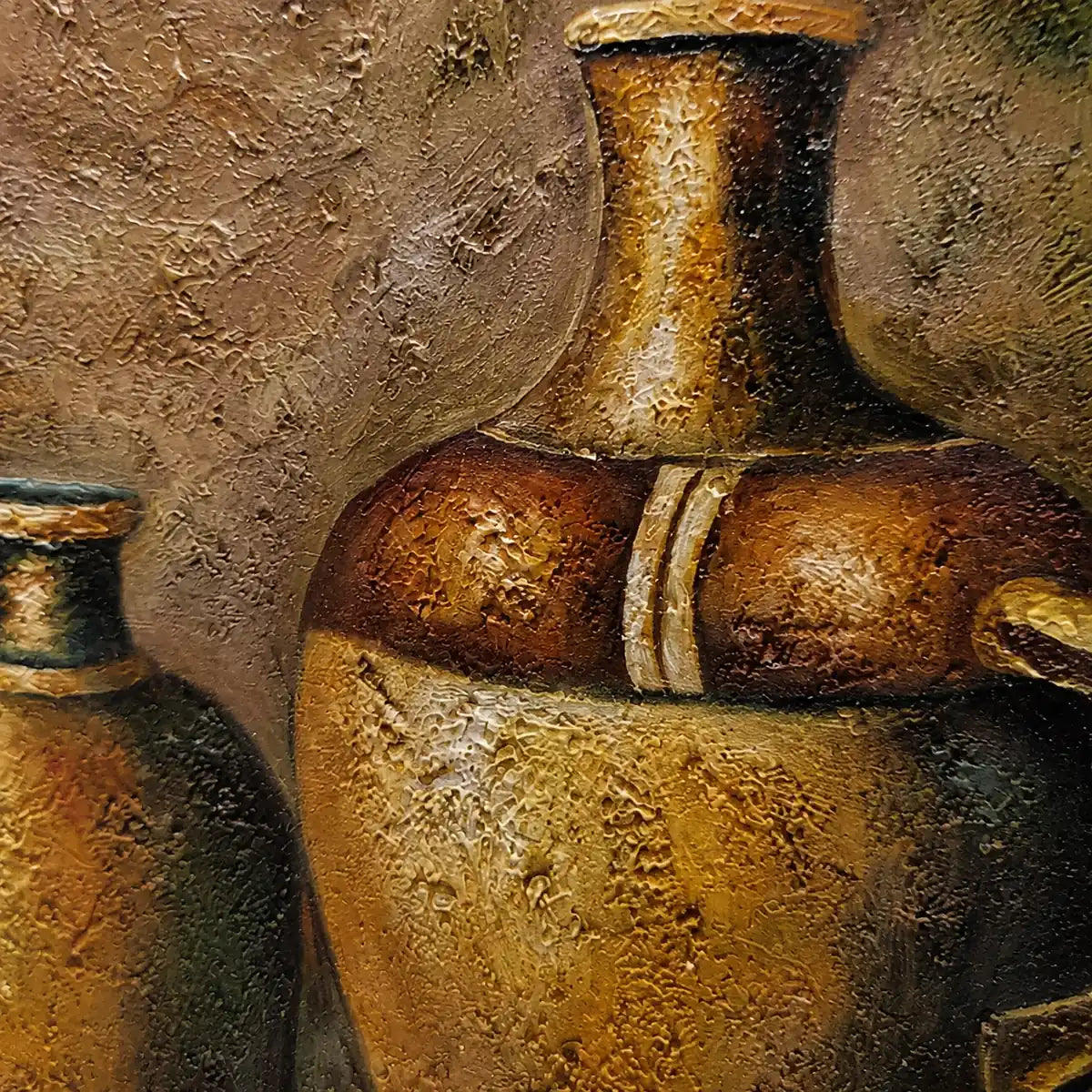 Detalle relieve óleo sobre lienzo bodegón jarrones acabado artesanal textura visible
