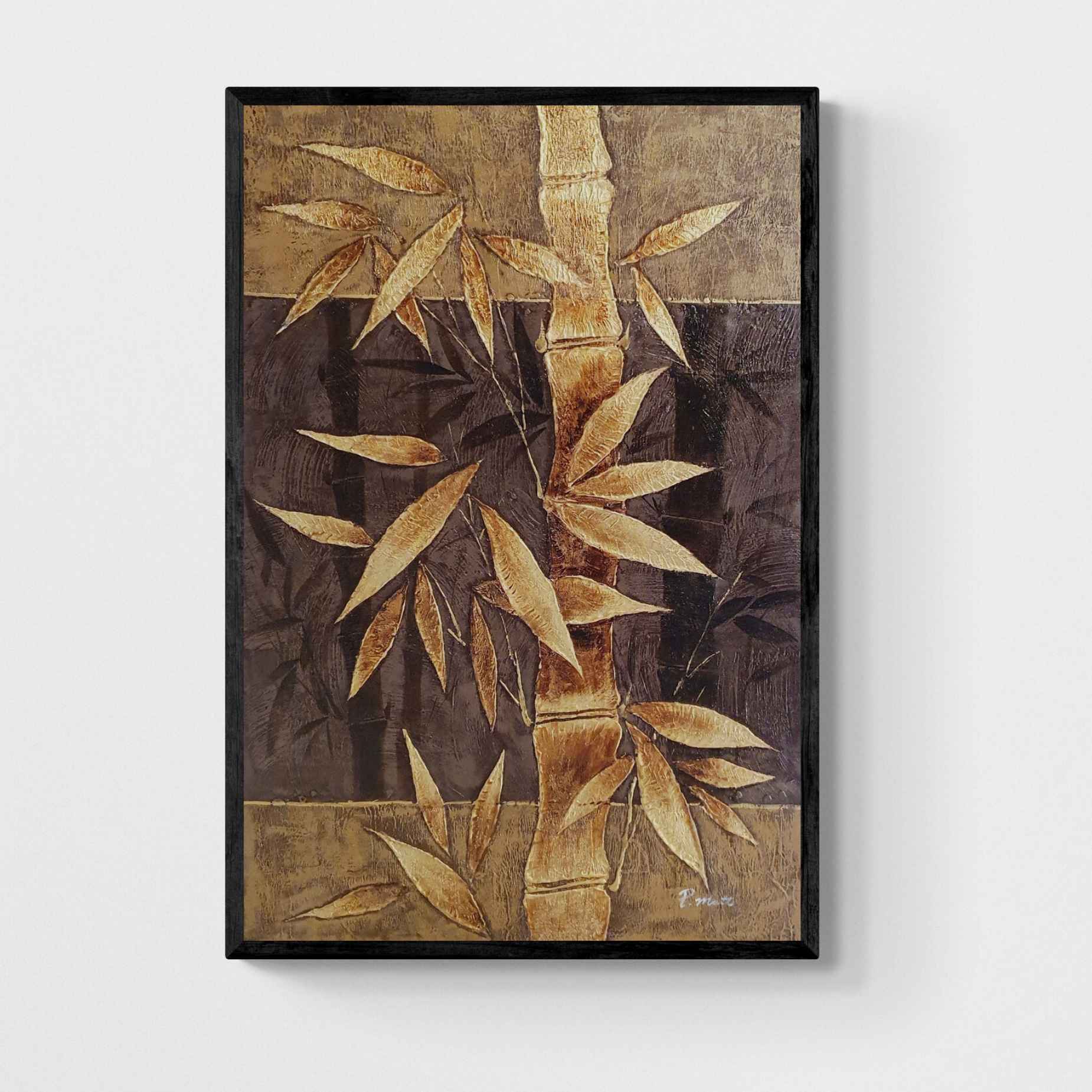 Zen Goldener Bambus – Handgemaltes, strukturiertes Ölgemälde 90x60 cm –  Decoartions