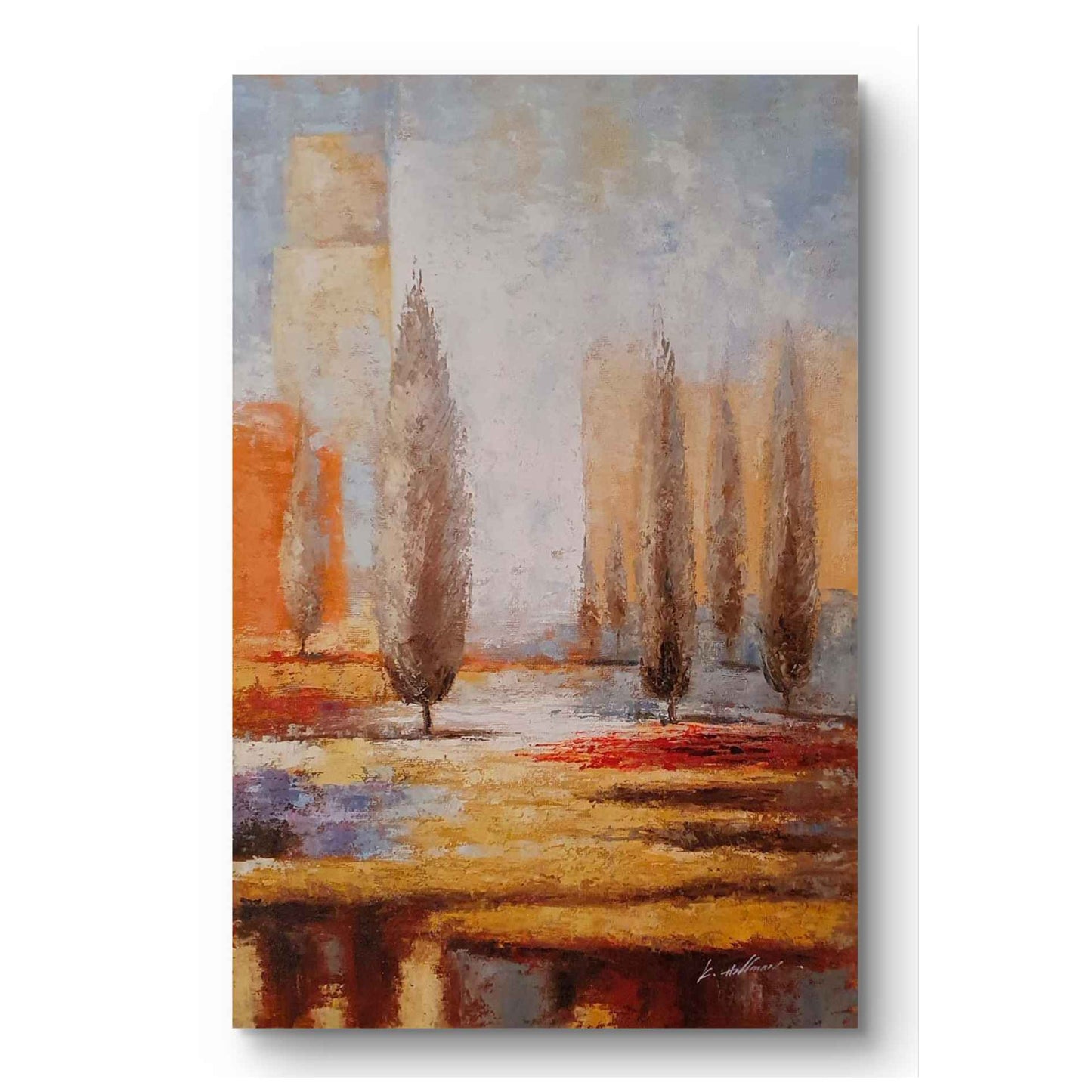 Cuadro de paisaje pintado a mano al óleo con árboles y fondo abstracto