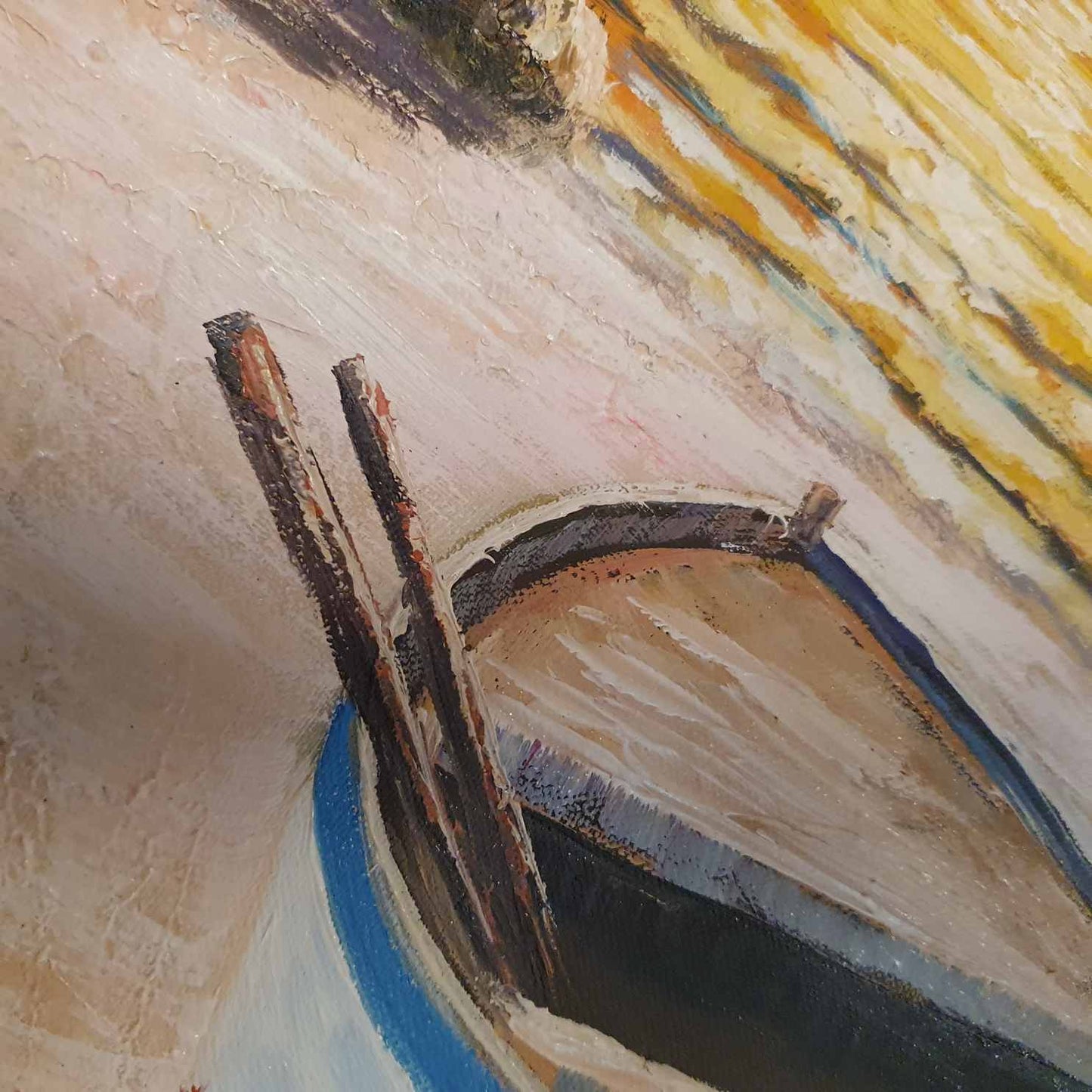 Cuadro Oleo Lienzo Pintura las Barcas, la Playa y el Atardecer 90x60 cm