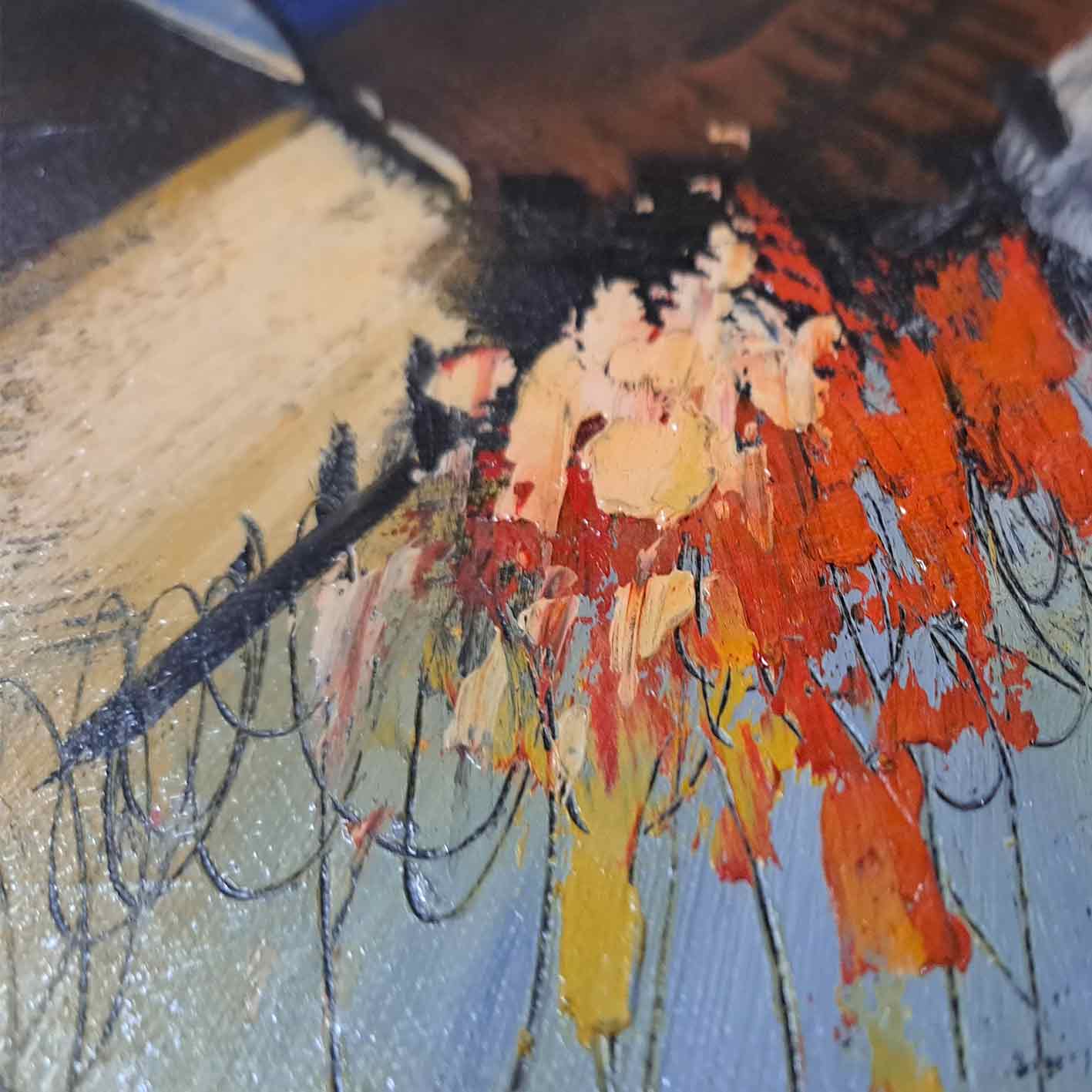 Cuadro abstracto circulos rojos fondo amarillo y marrón