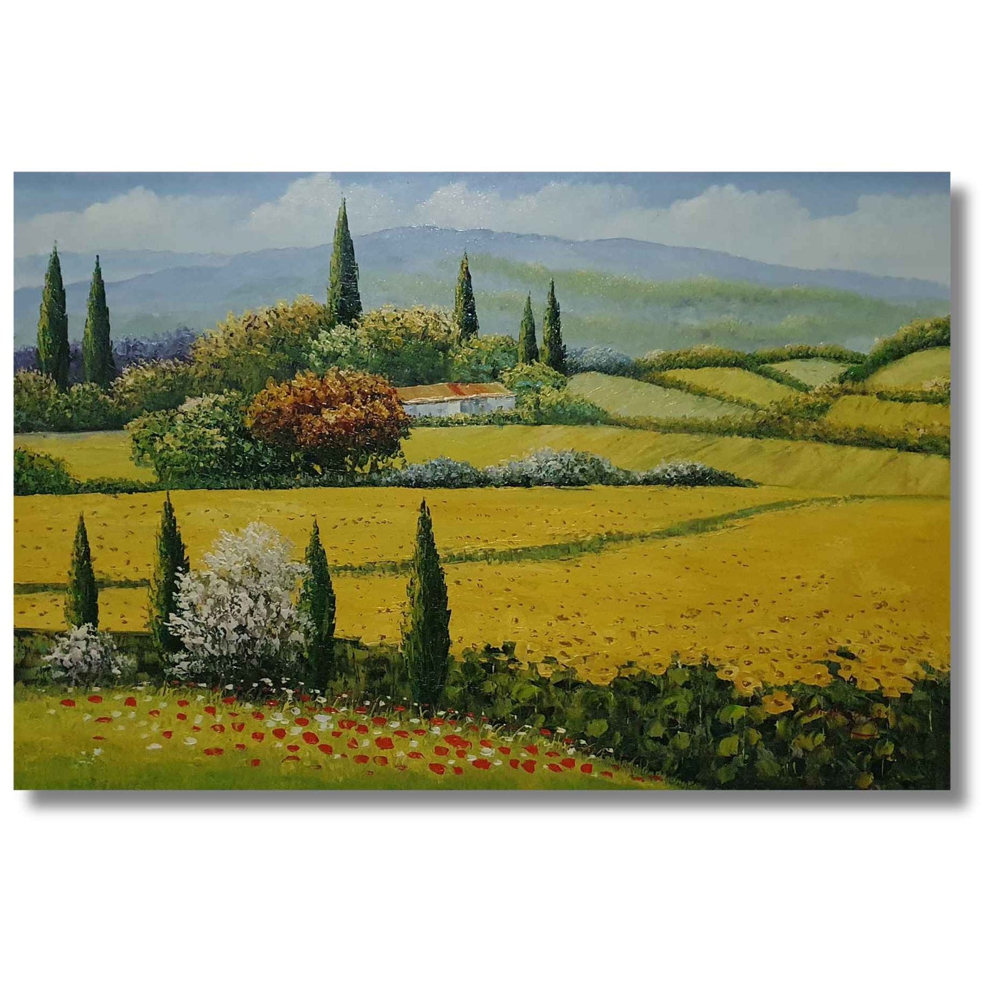 Pintura artesanal de campo florido y cielo azul