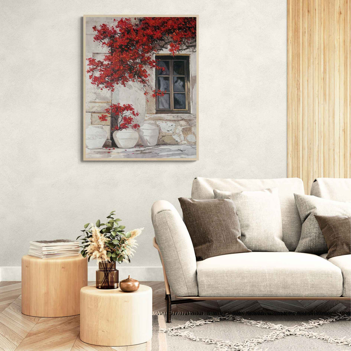 Pintura decorativa de ventana con flores rojas
