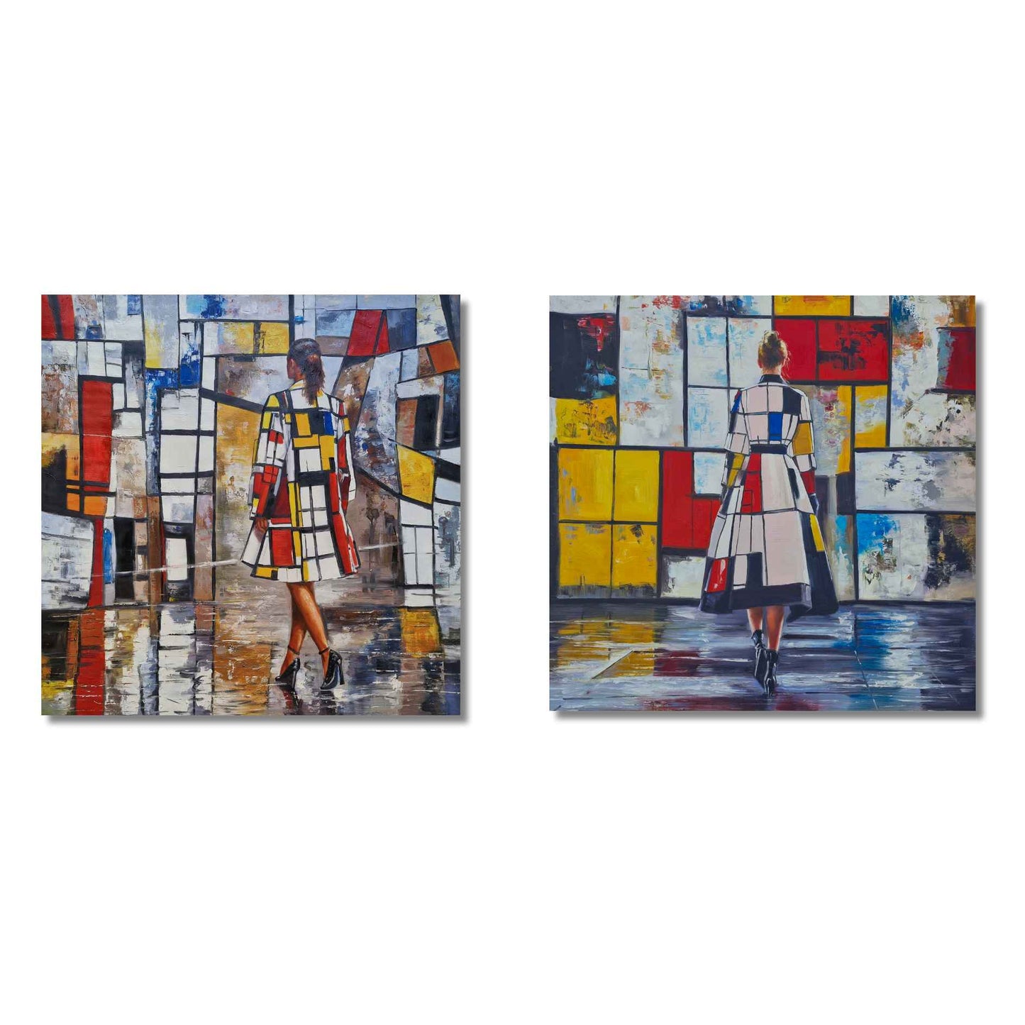 Cuadros estilo Mondrian con mujer y colores vibrantes. Arte moderno pintado a mano listo para colgar.