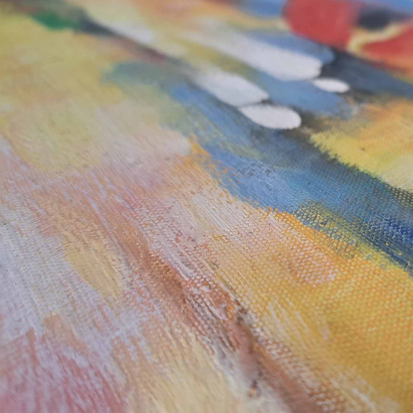 Detalle de textura de cuadro de paisaje abstracto con pinceladas marcadas pintado a mano al óleo