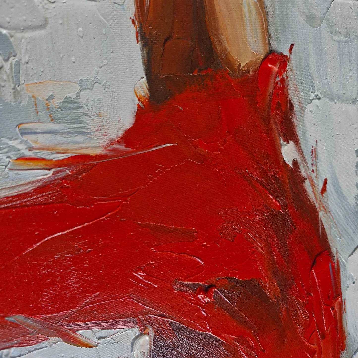 Textura de cuadro decorativo original de mujer caminando en la ciudad tonos rojos y grises