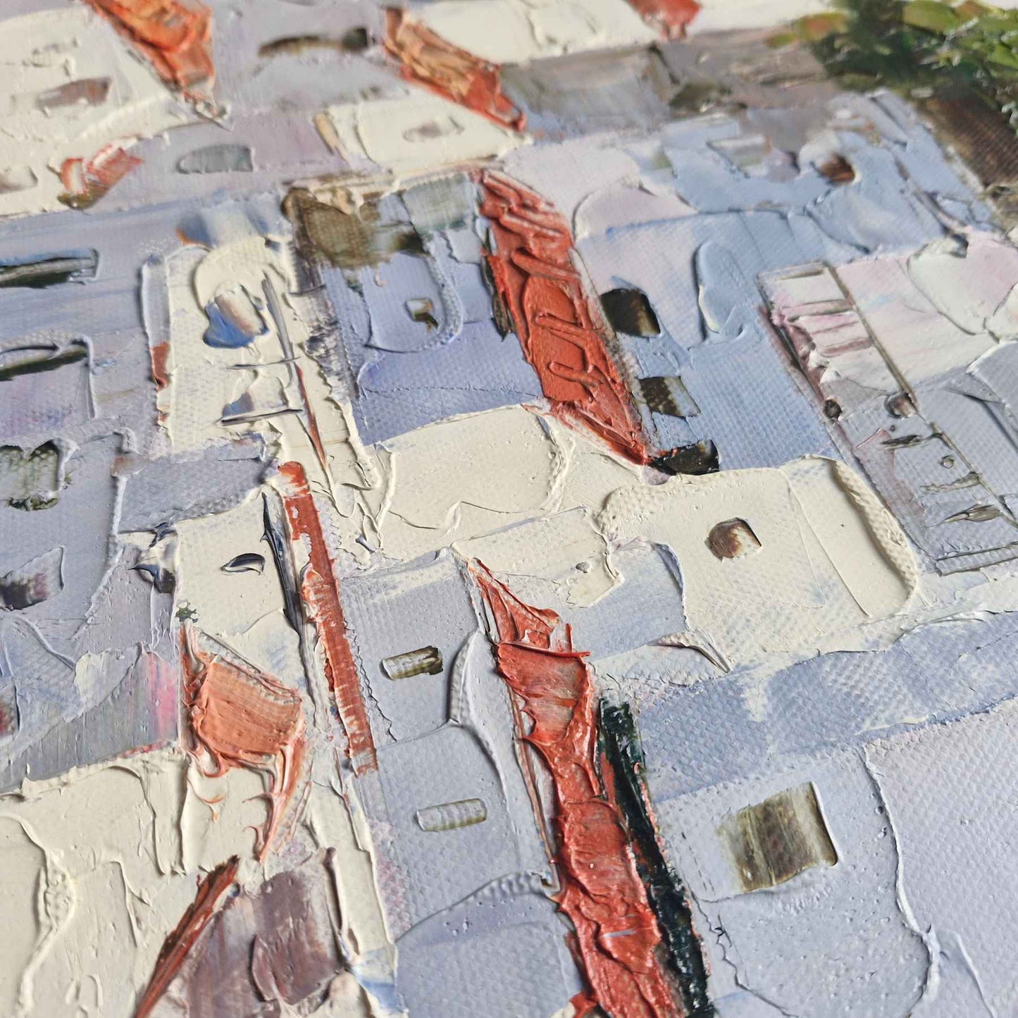 Textura de lienzo decorativo horizontal con escena urbana tradicional