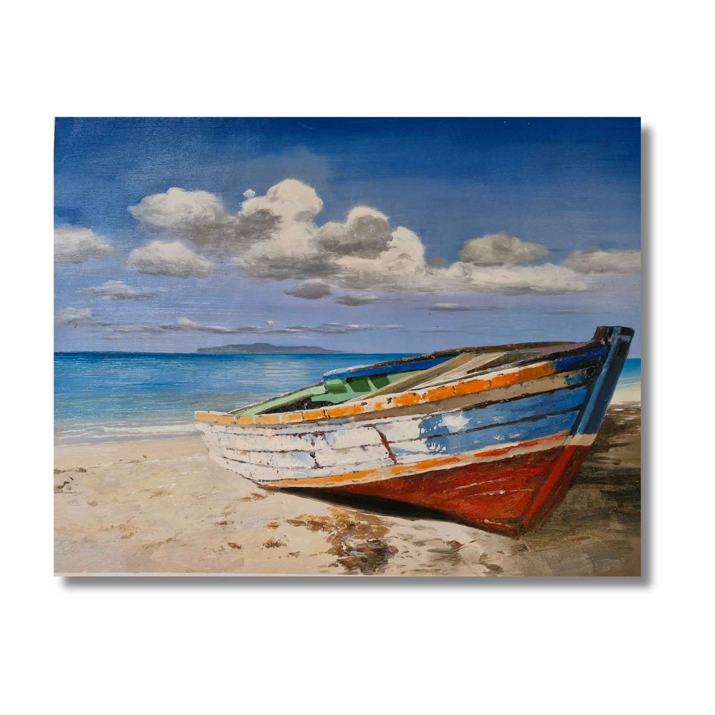 Pintura premium al óleo con barco en paisaje costero