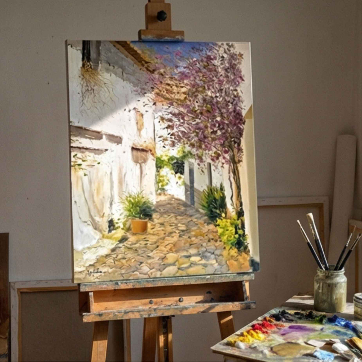 Pintura artística mediterránea con buganvilla rosa