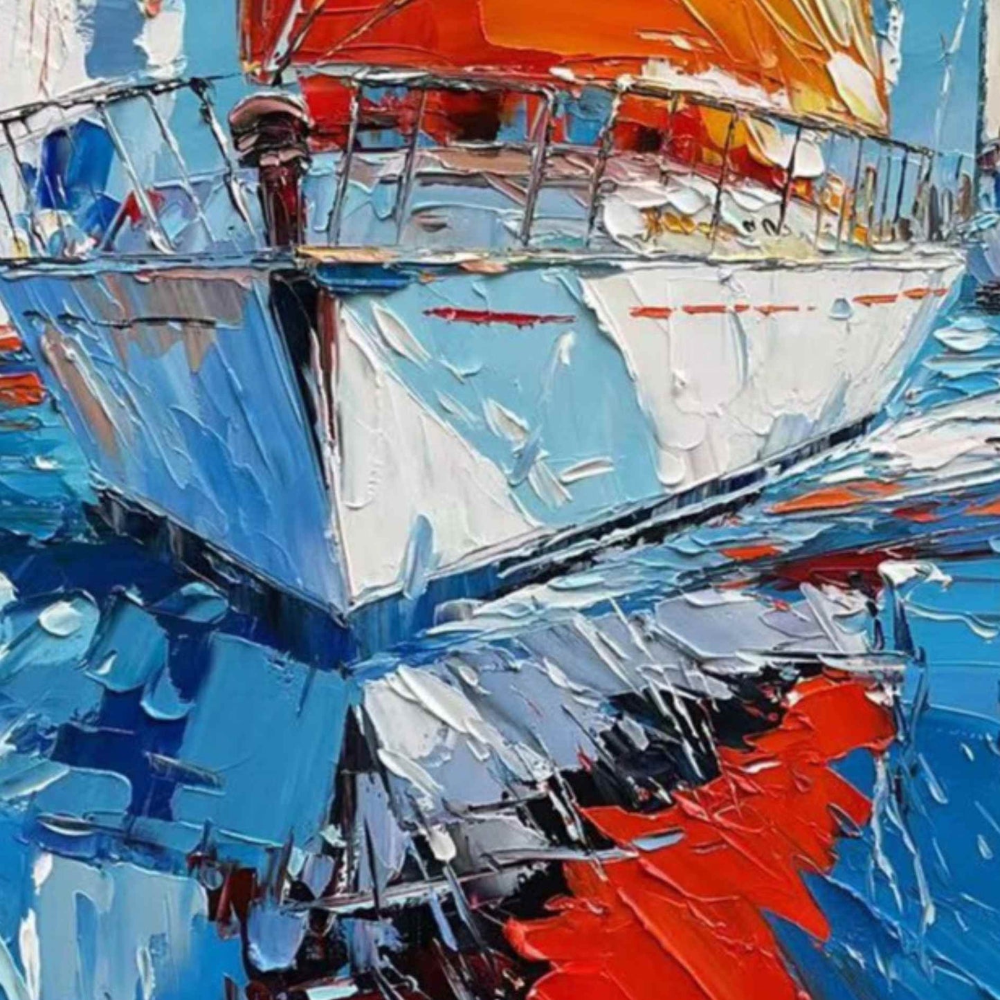 Lienzo al oleo con barcos y textura de espatula