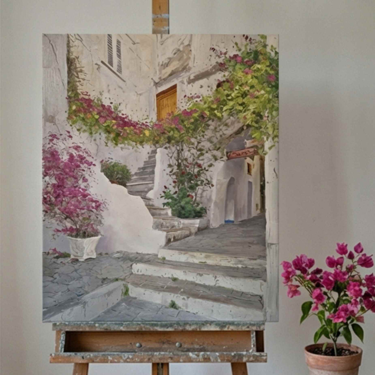 arte mural mediterráneo con escalera y flores decorativas