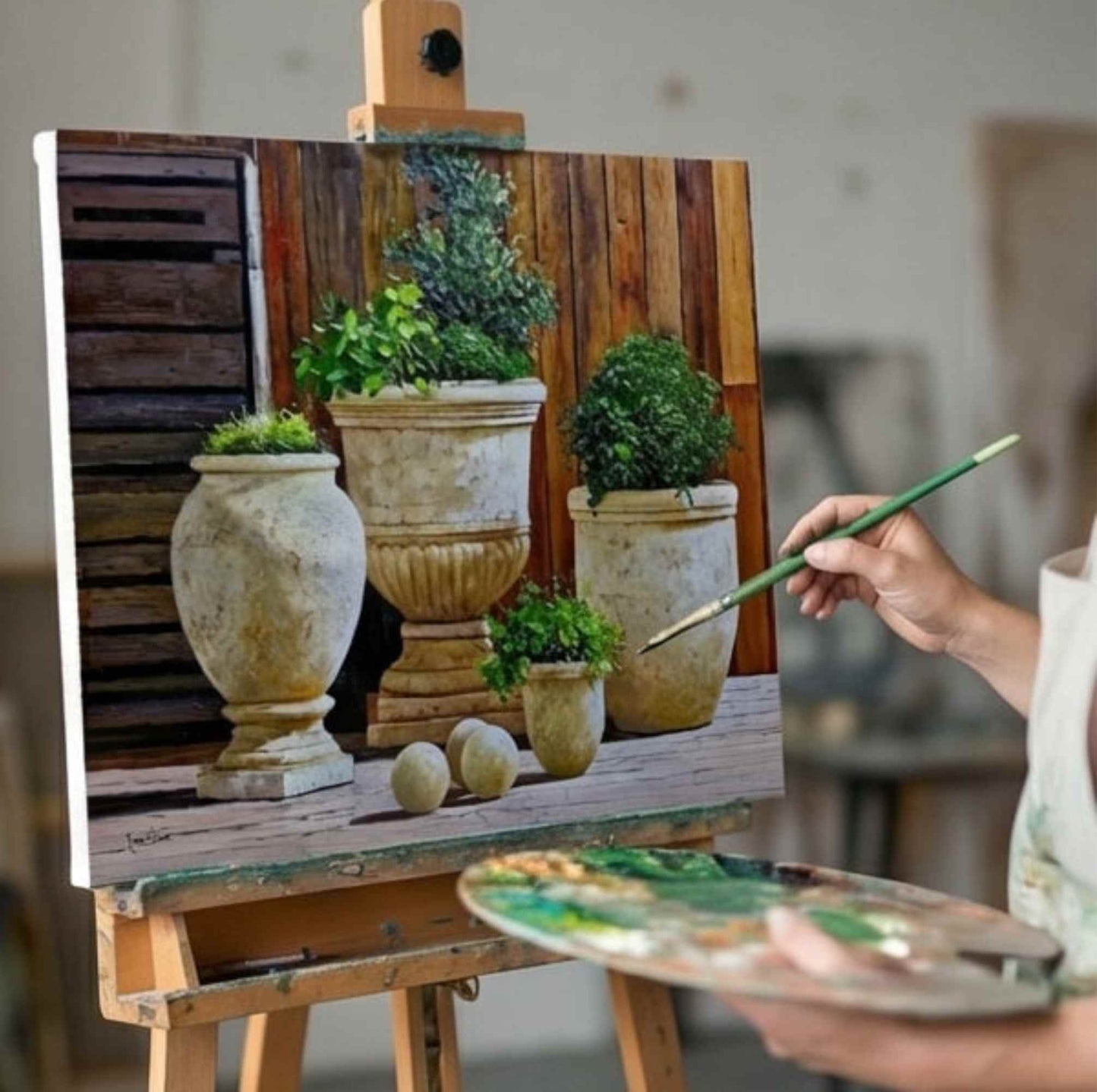 Pintura al Óleo Bodegón de Macetas de Jardín