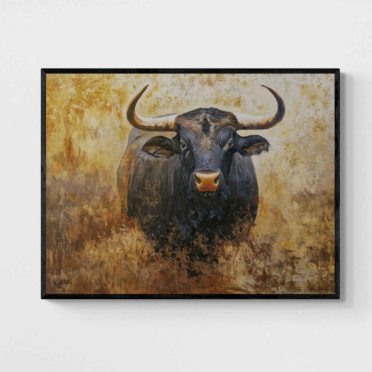 Primer plano de la textura del cuadro de toro pintado al óleo