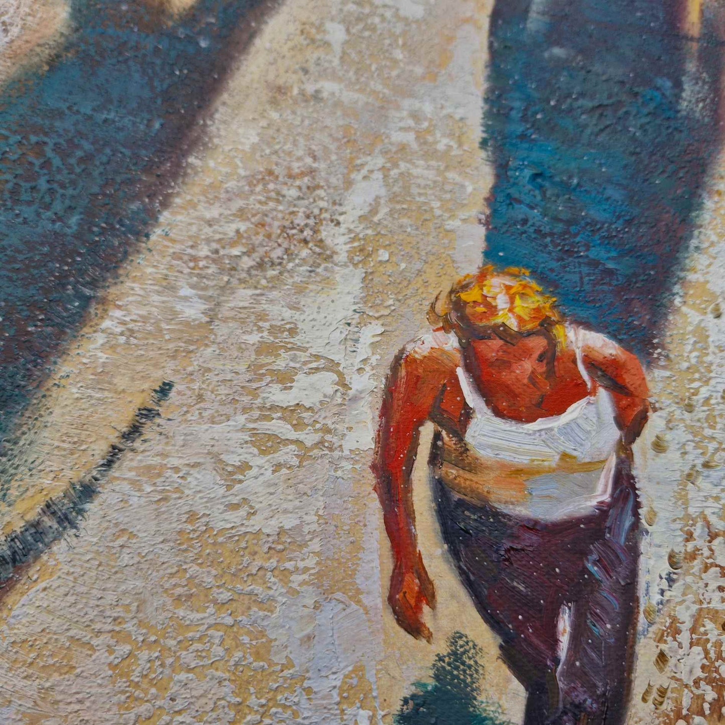 Imagen de una multitud urbana bajo el sol al óleo