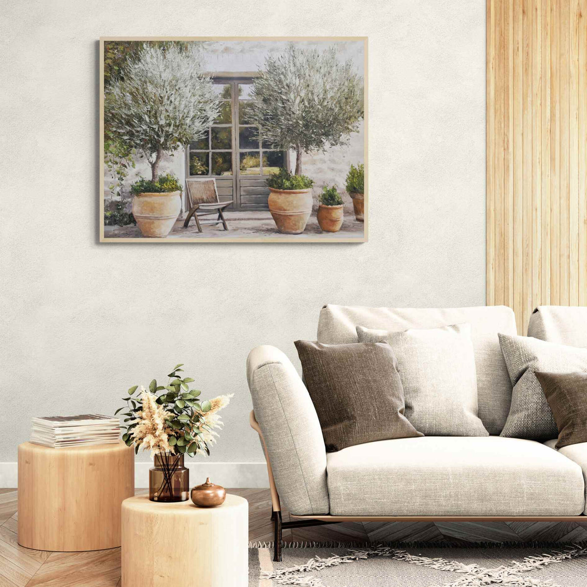 Lienzo decorativo estilo provenzal con silla y vegetación