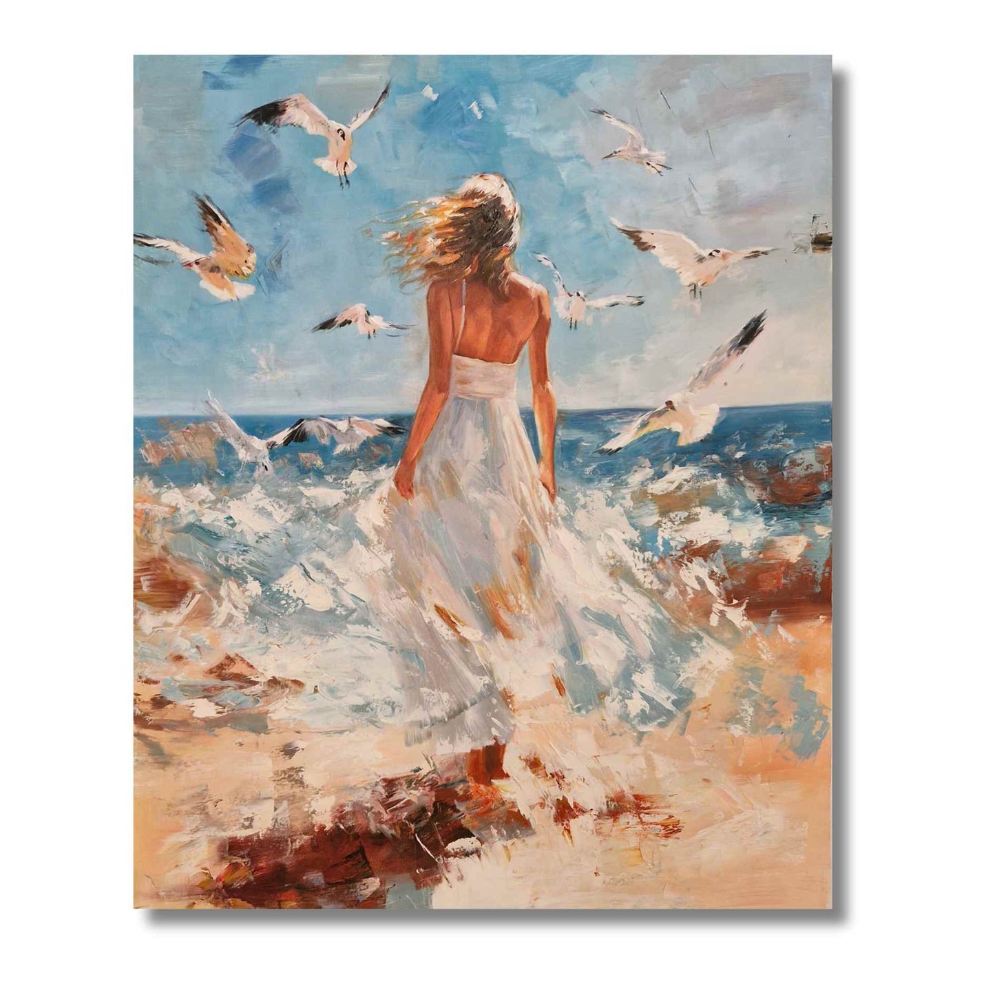 Cuadro elegante de mujer en la orilla con fondo oceánico