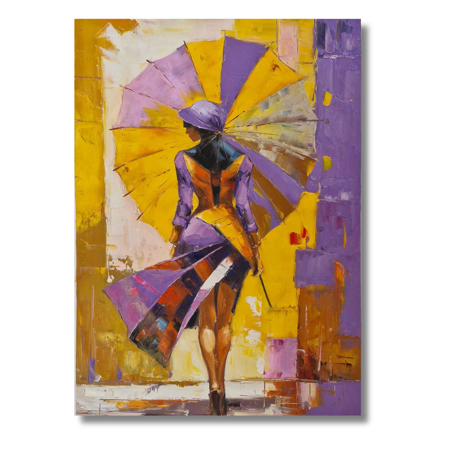 Pintura expresiva con mujer de espaldas y vestimenta colorida