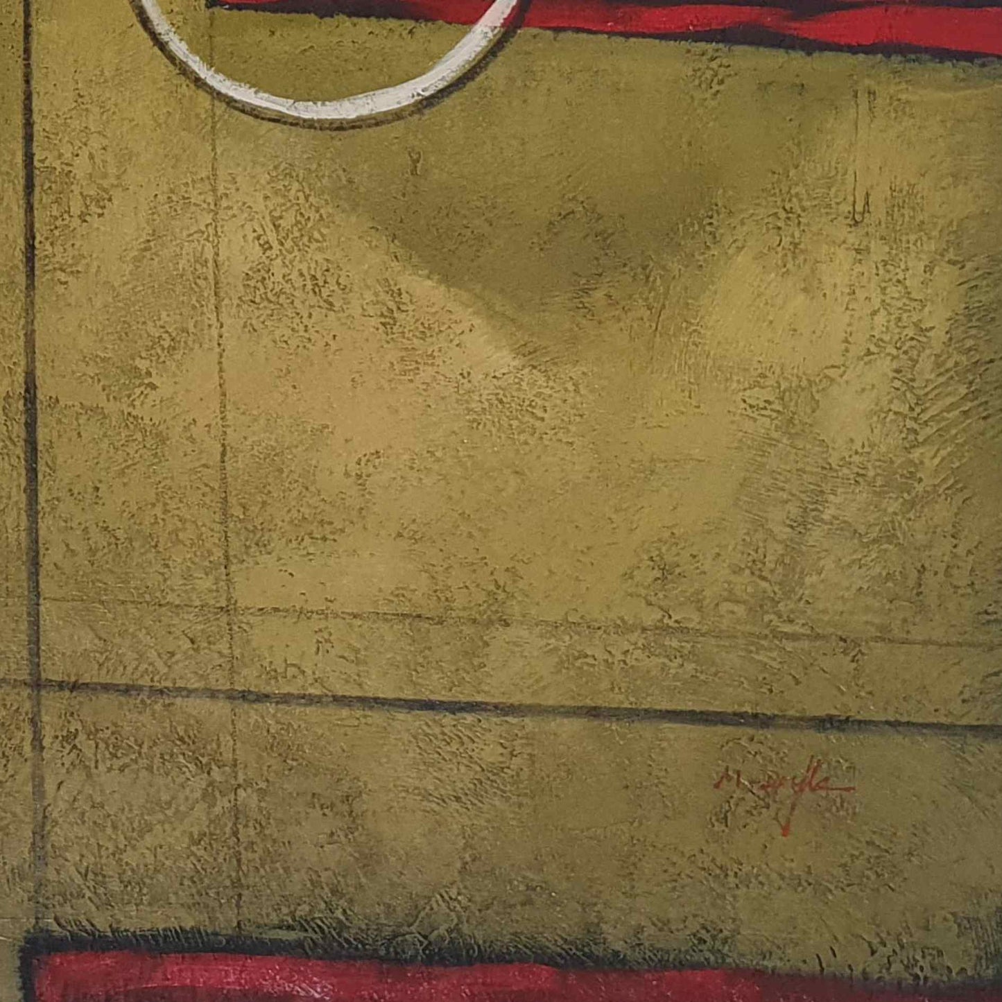 Cuadro artístico con círculos rojos y líneas modernas