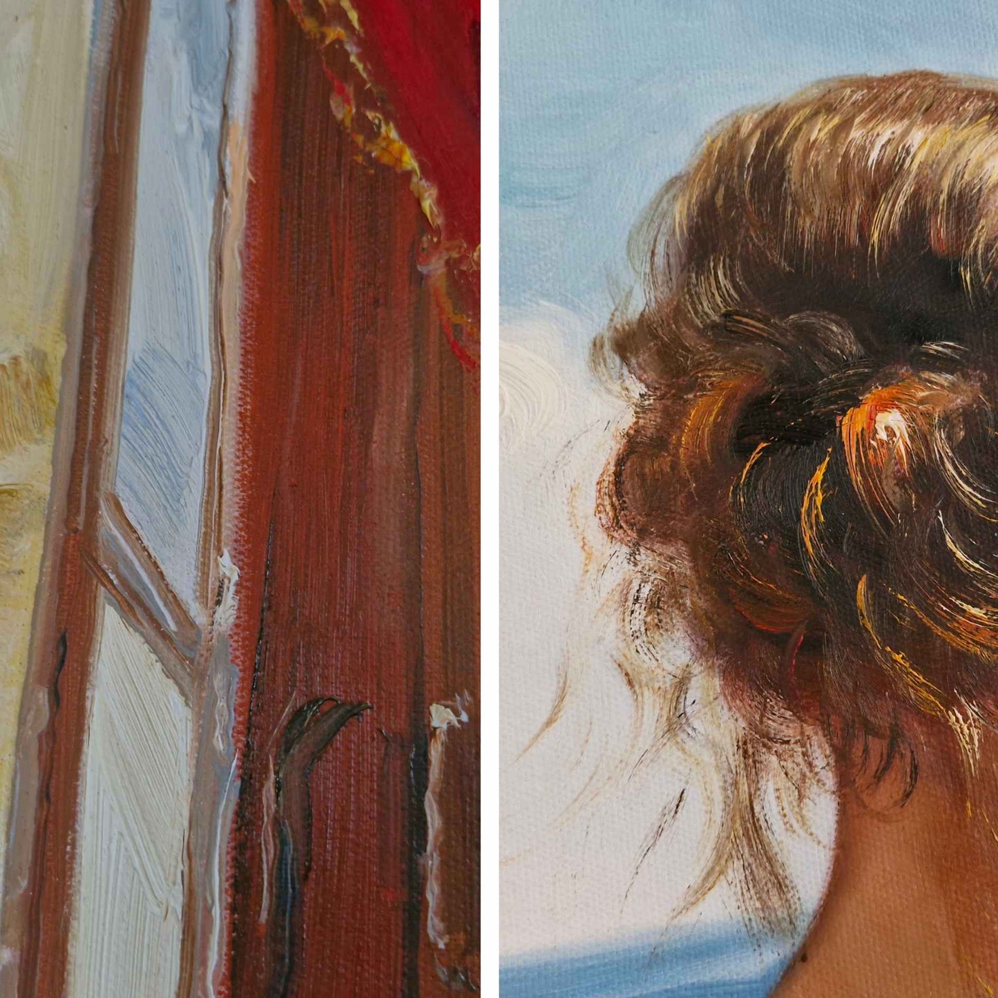 Arte en lienzo con contraste rojo y azul escena introspectiva