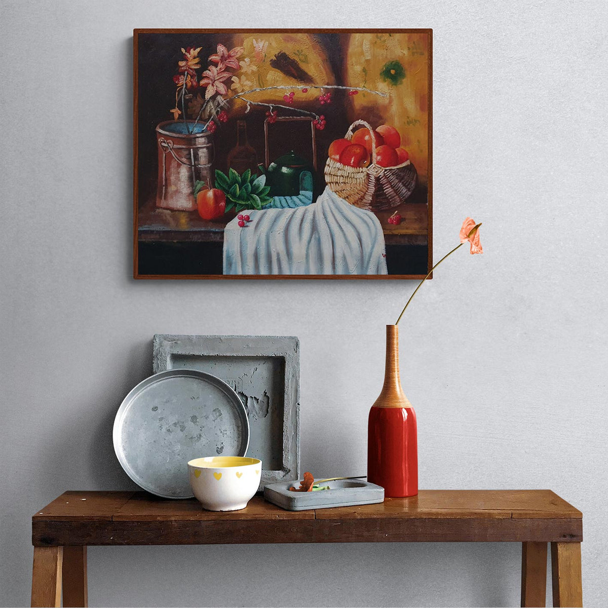 Cesta de manzanas pintada al óleo con fondo cálido