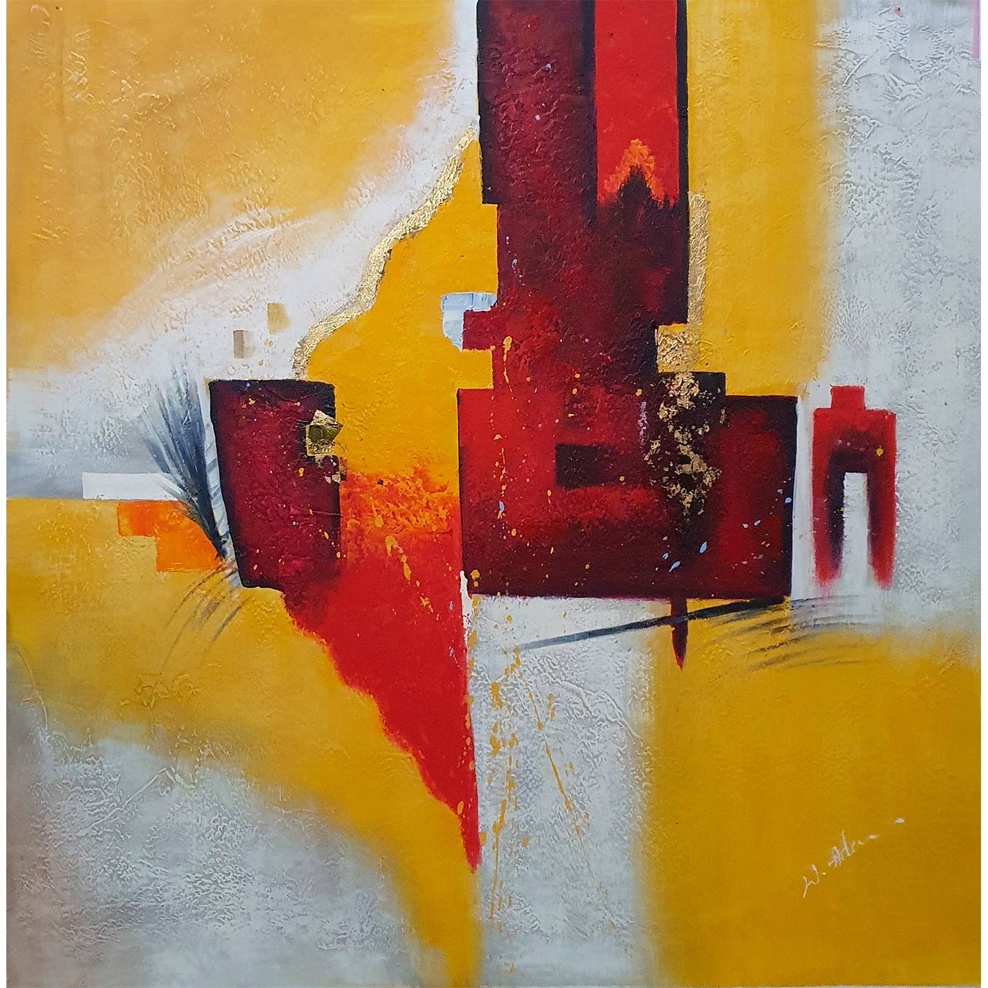 Cuadro abstracto amarillo pintado al óleo con textura y composición geométrica