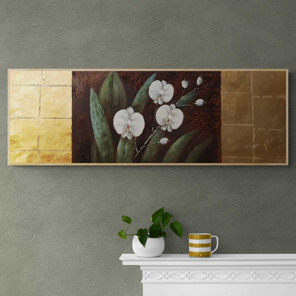 Cuadro Flores Oros Blancas 120x40 cm