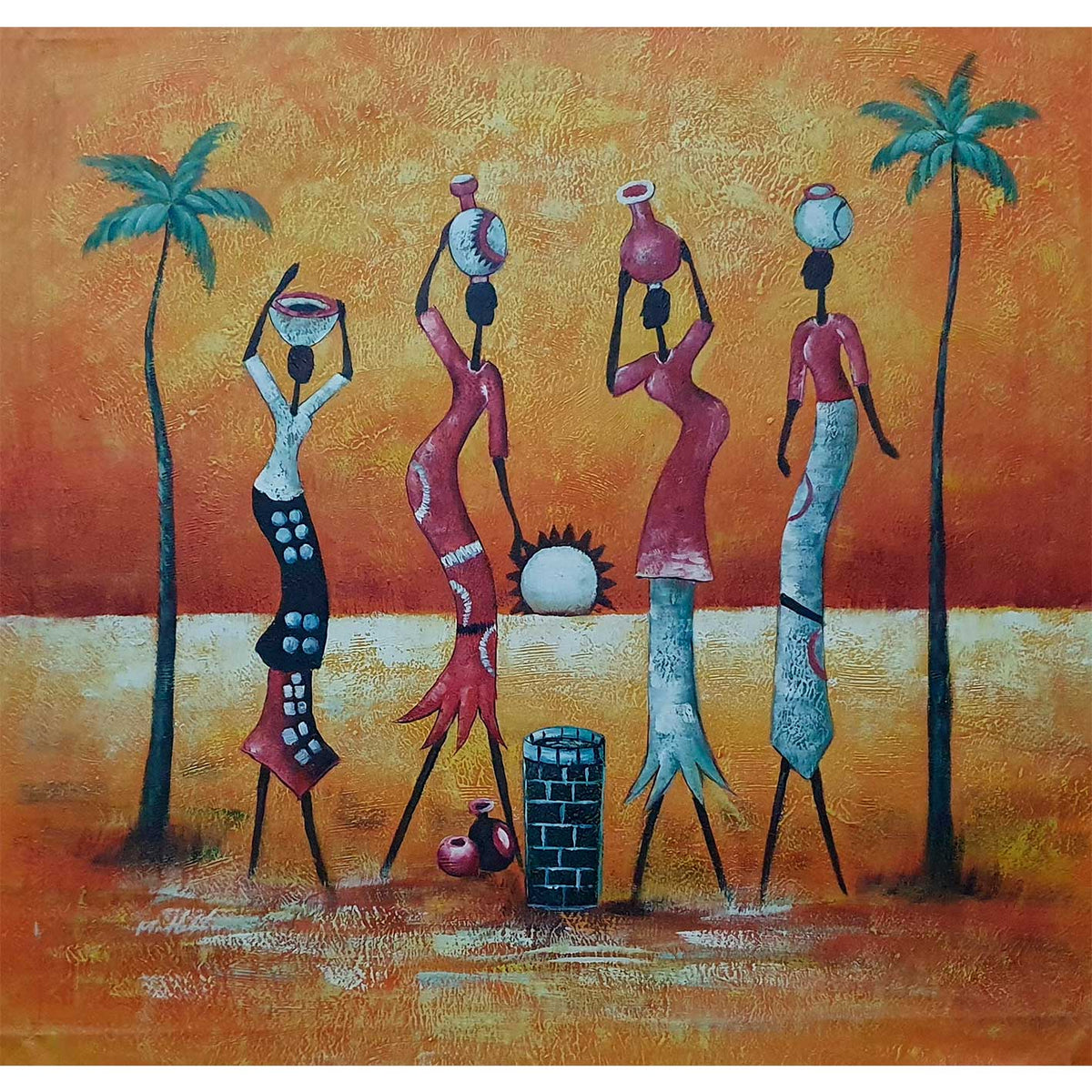 Cuadro Lienzo Oleo Mujeres Africanas Pozo 80x80 cm