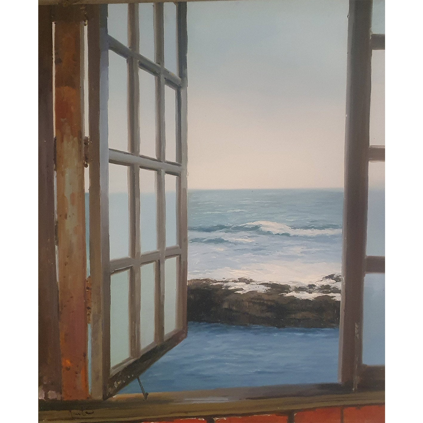 Cuadro ventana al oleo pintada a mano