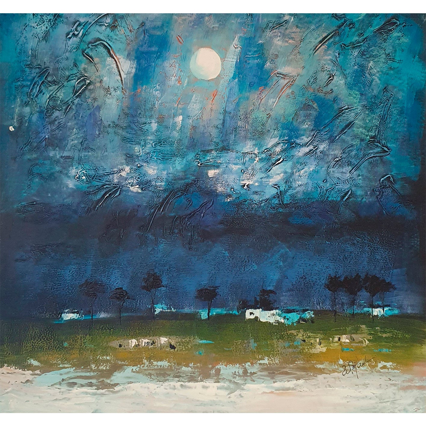 Cuadro abstracto azul, luna de paisaje