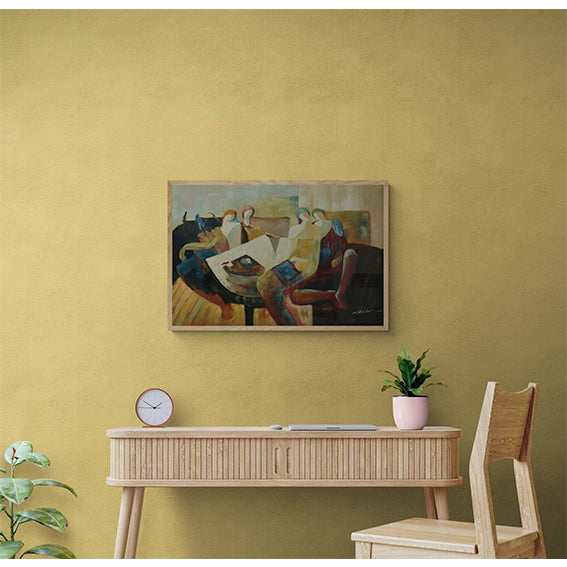 Lienzo al óleo de escena de personas alrededor de una mesa