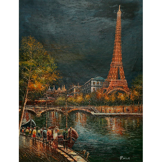 Lienzo de la Torre Eiffel iluminada y reflejo en el agua del río Sena