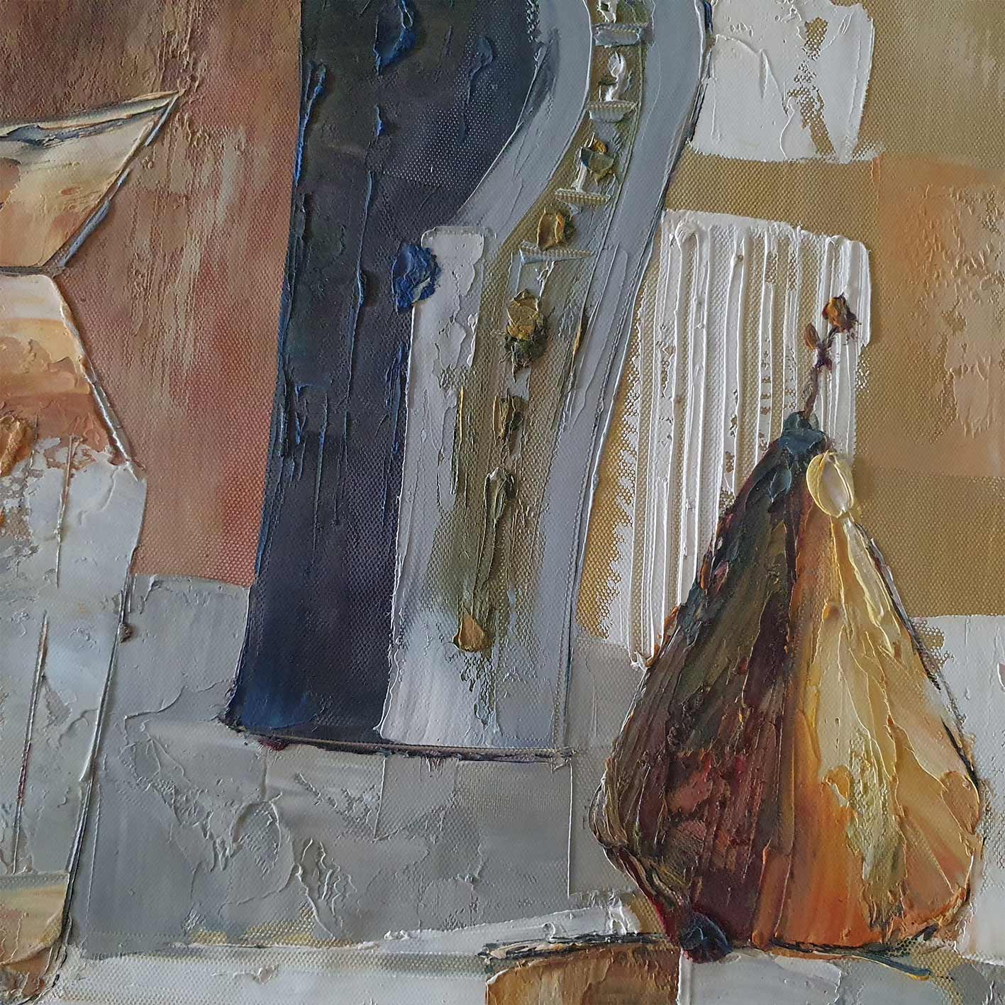 Detalle de textura de óleo en relieve de cuadro bodegón contemporáneo