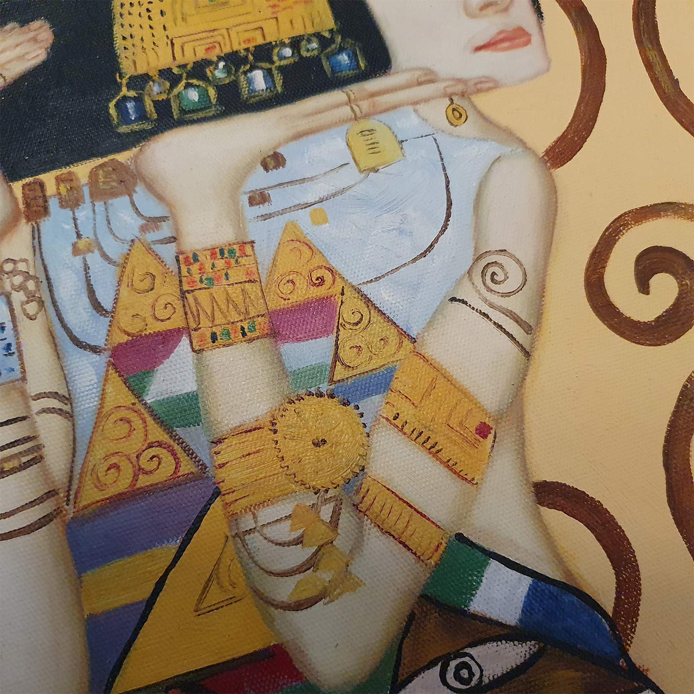Detalle de textura de cuadro decorativo estilo Klimt pintado a mano al óleo