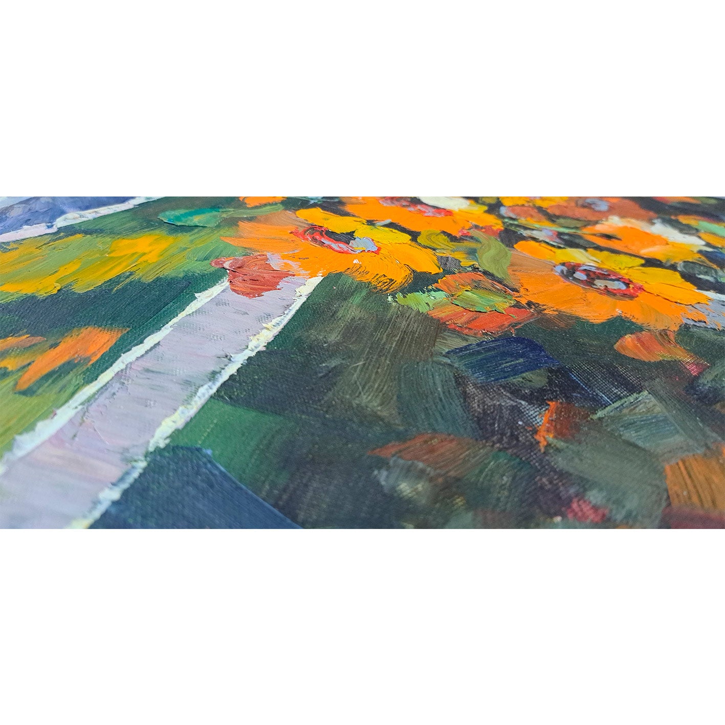 Detalle de textura de cuadro de flores estilo impresionista con girasoles para la decoración del hogar o negocios