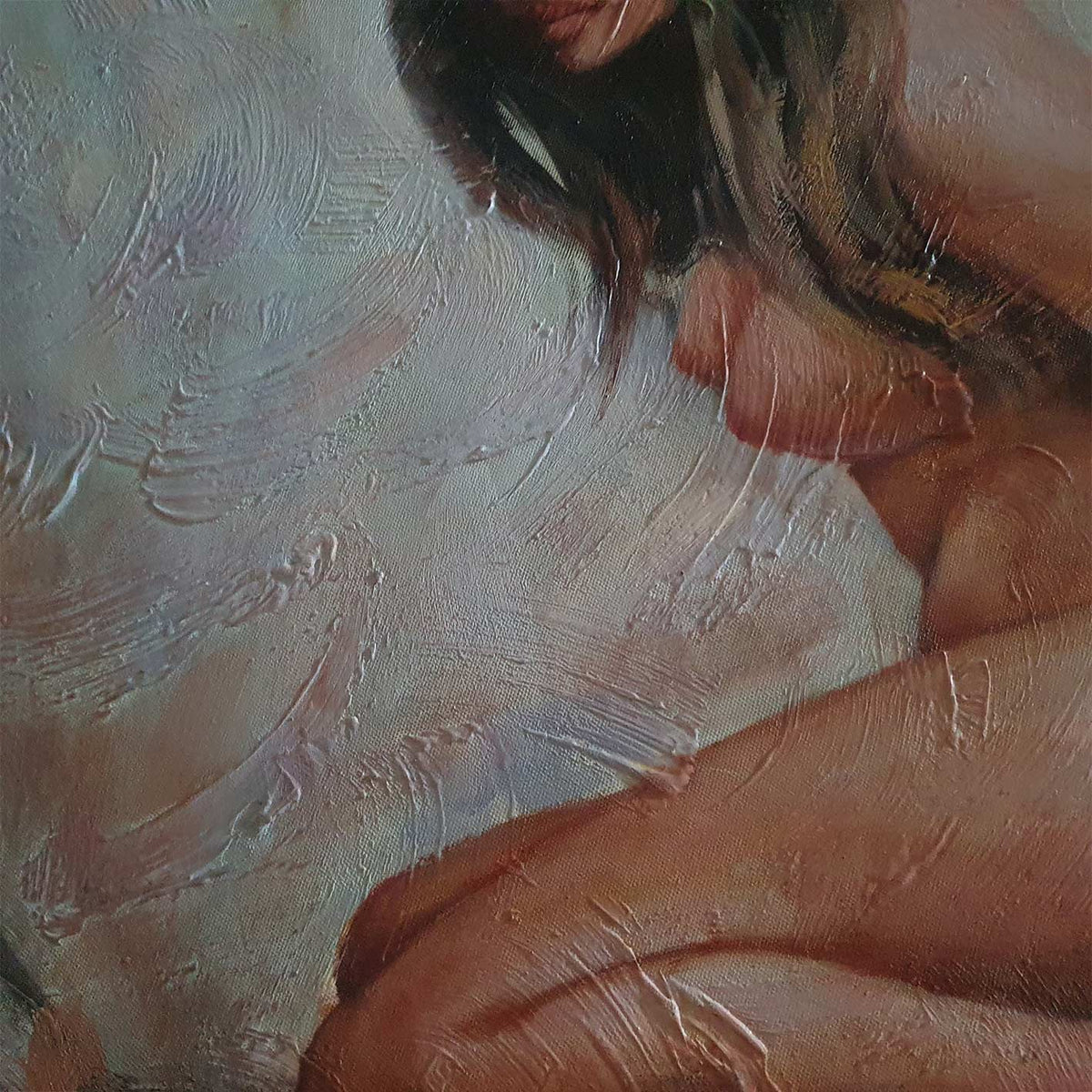 Detalle de textura de cuadro moderno pintado al óleo de desnudo femenino