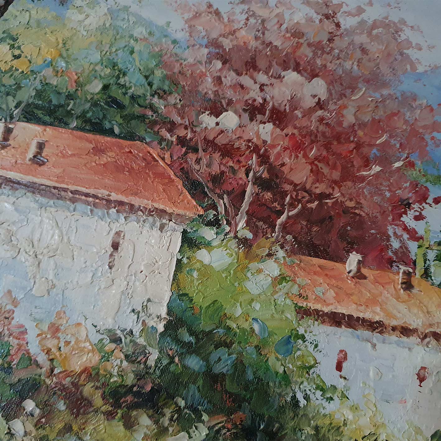 Detalle de textura de pintura decorativa 80x80 cm con campo de amapolas, casas y colinas