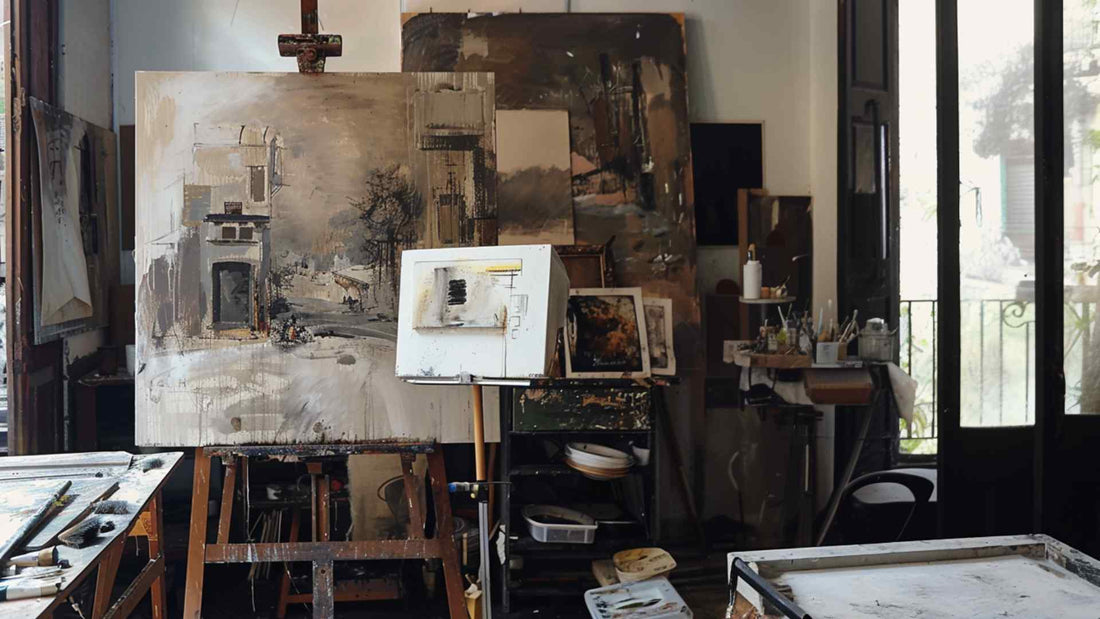 Cuadro al óleo narrativo pintado a mano con escena detallada colgado en pared de interior