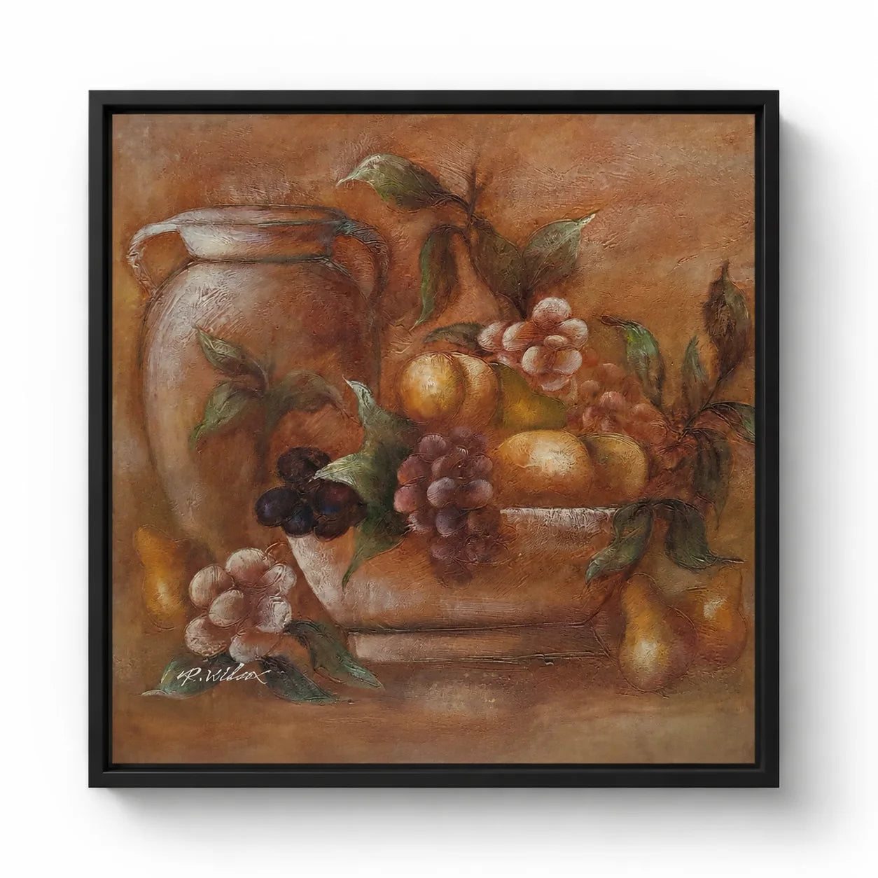 Cuadro bodegón pintado a mano al óleo sobre lienzo 60x50 cm con jarra cerámica uvas y peras tonos tierra y ocres