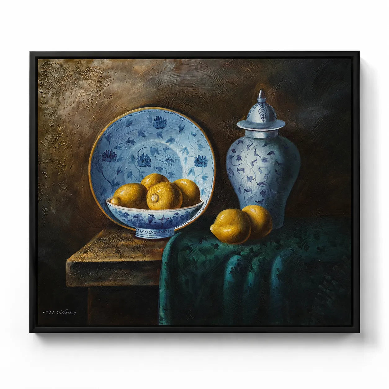 Cuadro bodegón con limones y cerámica azul al óleo pintado a mano 60x50 cm, tonos amarillo y azul, sin marco