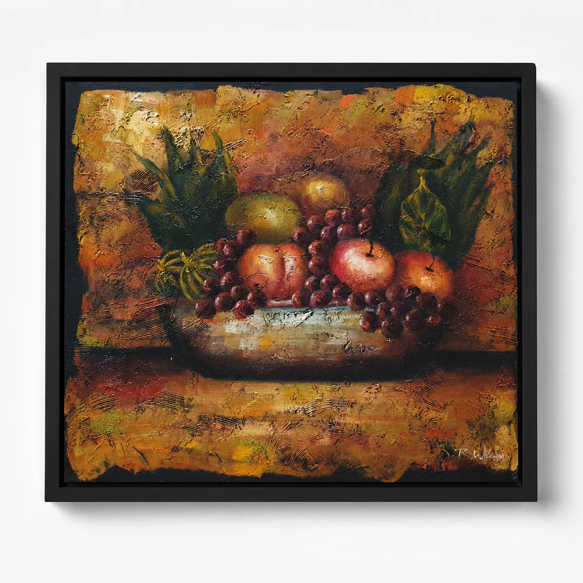 Cuadro bodegón de frutas al óleo pintado a mano 60x50 cm, tonos dorados y tierra, sin marco, sobre lienzo