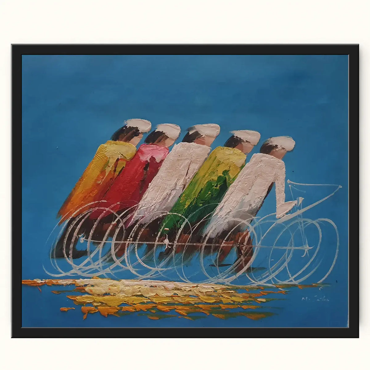 Cuadro de ciclistas al óleo pintado a mano 60 × 50 cm