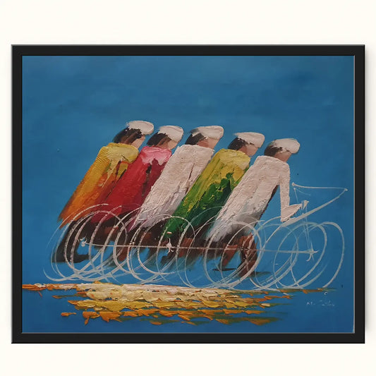 Cuadro de ciclistas al óleo pintado a mano 60 × 50 cm