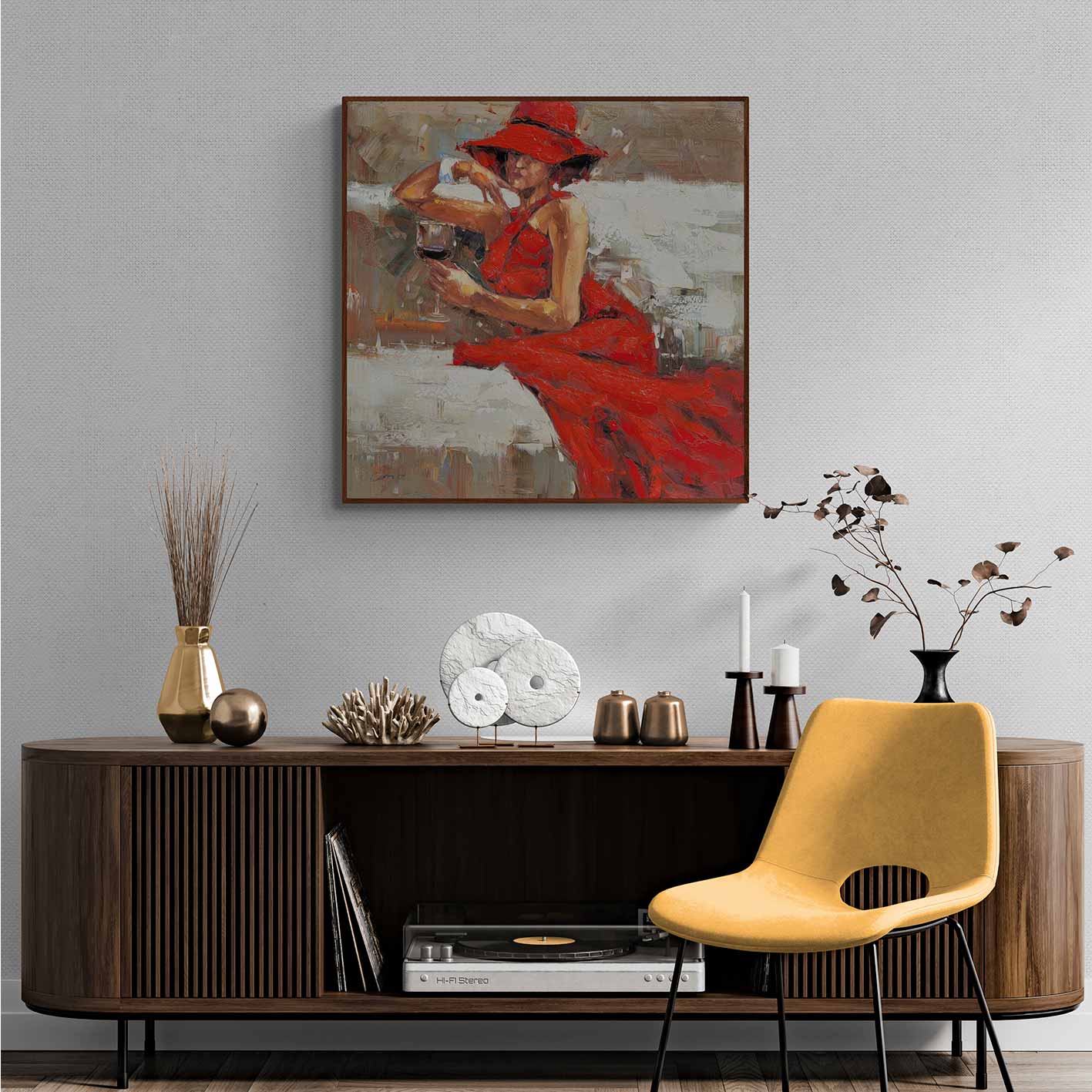 Gemälde Frau in Rot 80x80 cm