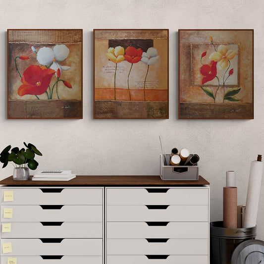 Goldblumen Triptychon Gemälde 50x60 cm [3 Stück]