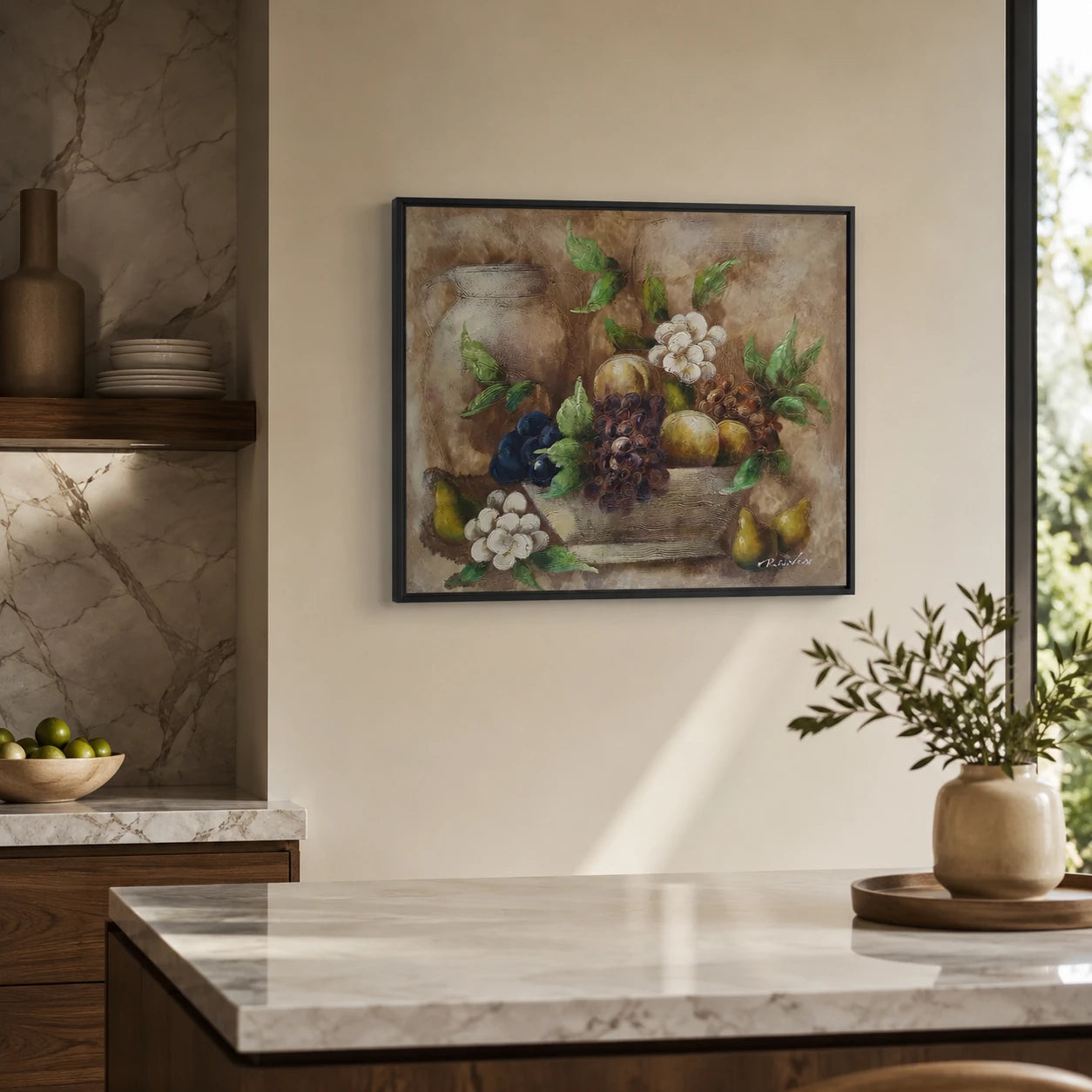 Cuadro bodegón frutas y jarra al óleo 60x50 cm en cocina moderna con marco negro
