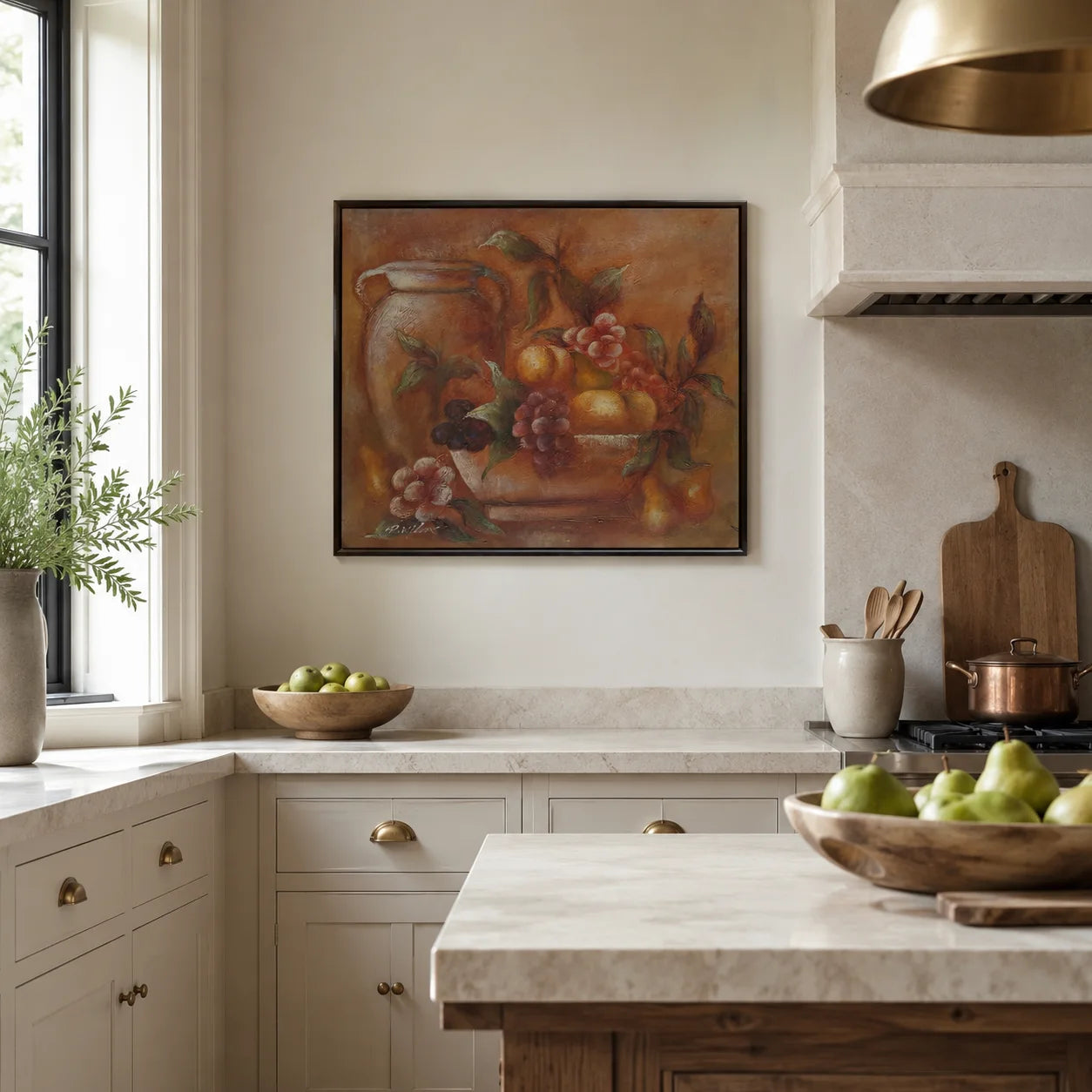 Cuadro bodegón óleo 60x50 cm en cocina moderna con marco negro