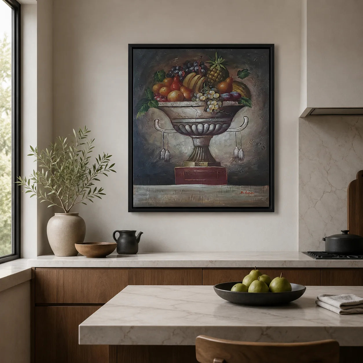 Cuadro bodegón copa de frutas al óleo 60x50 cm en cocina moderna