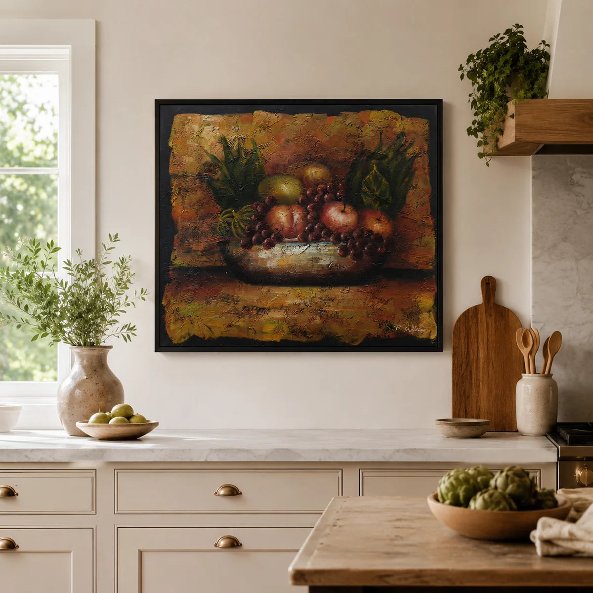 Cuadro bodegón frutas al óleo 60x50 cm en cocina moderna