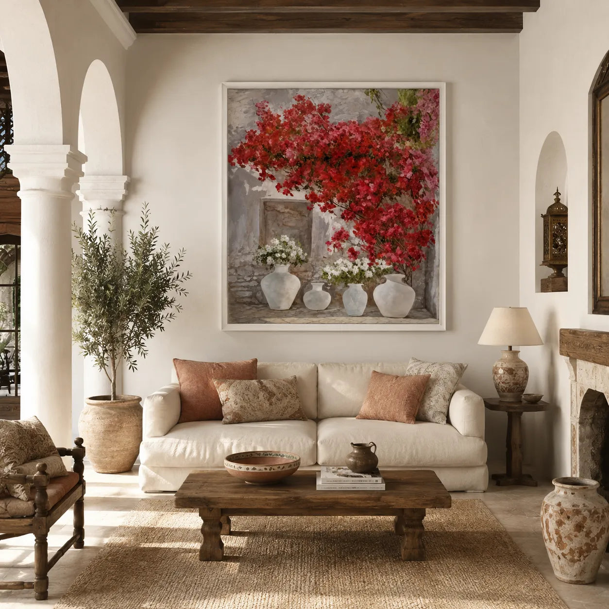 Mediterranean Red Bougainvillea – Handmade Oil Painting 82x102 cm